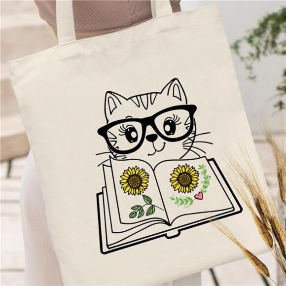 Canvas Tote Bag for Women Aesthetic Cute Cat Shopping Grocery Reusable Bag - Picture 2 of 6
